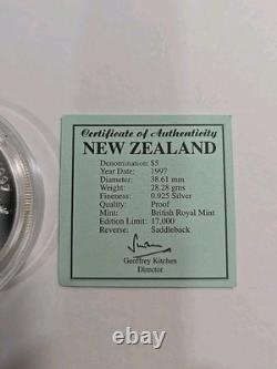 1997 New Zealand $5 Silver WWF Conserving Nature. 925 Proof Saddleback