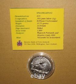 1998 NEW ZEALAND KIWI $10 BU SILVER COIN with coa & box RARE