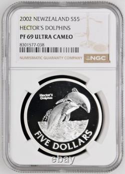 2002 New Zealand Silver 5 Dollars Proof Hector's Dolphins NGC PF 69 ULTRA CAMEO