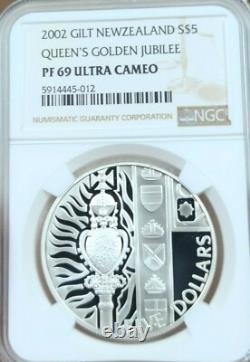 2002 New Zealand Silver 5 Dollars Queens Golden Jubilee Ngc Pf 69 Ultra Cameo
