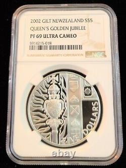 2002 New Zealand Silver 5 Dollars Queens Golden Jubilee Ngc Pf 69 Ultra Cameo