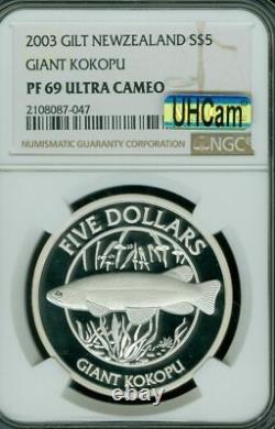 2003 New Zealand $5 Silver Gilt Kokopu Ngc Pf69 Mac Uhcam Spotless 200 Minted