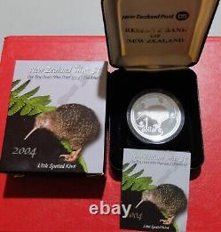 2004 FINE 1oz SILVER NEW ZEALAND LITTLE SPOTTED KIWI $1 PROOF COIN/CASE, LOT#12
