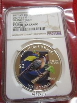 2007 Birds Of Fiji. 999 Silver Zealand Mint Island Thrush NGC PF69 Census pop3