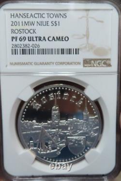 2011 MW Niue $1 Rostock Hanseatic Towns 28g Silver proof NGC PF 69 UC Top Pop