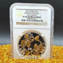 2012 1 oz Niue, 999 Silver Coin Chinese Koi Fish Colorized PF70UC 1 of 84 Mint