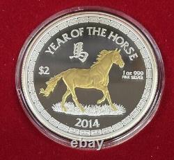 2014 Niue Silver 1 Troy Oz Year Of The Horse Gold Gilted With Box NZ Mint No COA