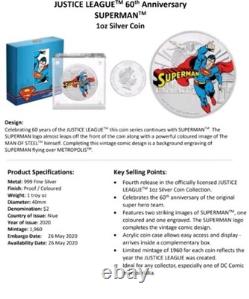 2020 DC Comics Justice League Superman 1oz Silver Coin With Box/COA