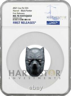 2021 MARVEL BLACK PANTHER MASK 2 OZ. SILVER COIN NGC MS70 ANTIQUED WithOGP