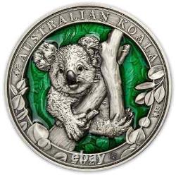 2022 Barbados $5 COLOURS OF WILDLIFE Koala High Relief 3oz Silver Antique