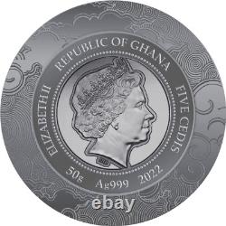 2022 Ghana Year of the Tiger 50 g. 999 Antique Finish Silver Coin Lunar Year