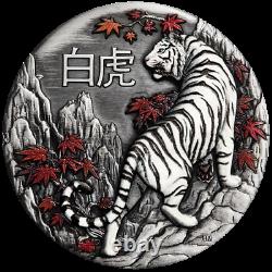 2022 Tuvalu $2 White Tiger 2oz of. 9999 Silver Antiqued Coloured Coin 888 Made