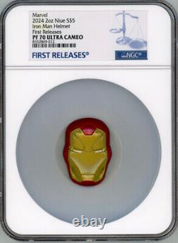 2024 Niue Marvel Iron Man Helmet 2 oz Silver Proof Shaped Coin NGC 70 FR