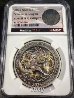 2025 Niue S$1 Samurai & Dragon 1 Oz. 999 Silver Reverse Pf 70 Antiqued