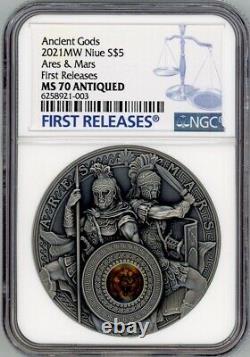 ARES AND MARS 2021 NIUE 2oz SILVER COIN $5 ANTIQUED NGC MS 70 ANTIQUED FR