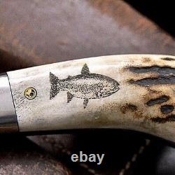CFK Handmade 440C Custom FISH & LURE Scrimshaw New Zealand Red Stag Antler Knife