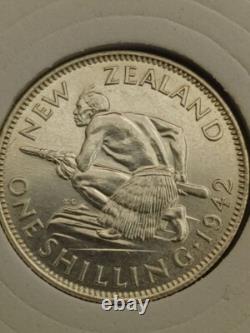 Gem AU PL Silver Rare shilling, 1942 New Zealand Silver KGVI w Haolder
