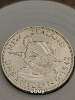 Gem AU PL Silver Rare shilling, 1942 New Zealand Silver KGVI w Haolder