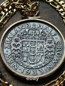 Handsome 1933 New Zealand Silver Half Crown on a 24 Gold Filled Chain