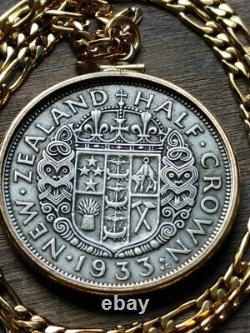 Handsome 1933 New Zealand Silver Half Crown on a 24 Gold Filled Chain