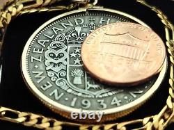 Handsome 1934 New Zealand Silver Half Crown on a 24 Gold Filled Figaro Chain