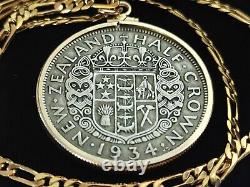Handsome 1934 New Zealand Silver Half Crown on a 24 Gold Filled Figaro Chain