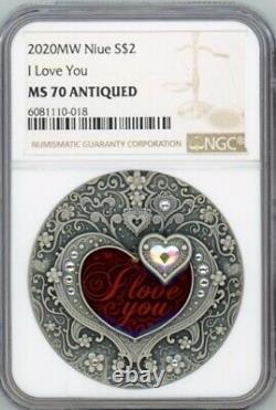I LOVE YOU HEART CRYSTAL 2020 NIUE 2oz SILVER COIN NGC MS 70 ANTIQUED