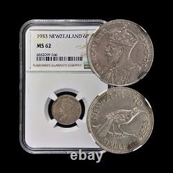 NEW ZEALAND. 1933, 6 Pence, Silver NGC MS62 KGV, George V, Huia Bird