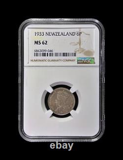 NEW ZEALAND. 1933, 6 Pence, Silver NGC MS62 KGV, George V, Huia Bird
