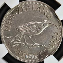 NEW ZEALAND. 1933, 6 Pence, Silver NGC MS62 KGV, George V, Huia Bird