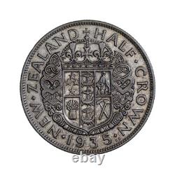 NEW ZEALAND. 1935, 1/2 Crown, Silver George V, Maori Shield Cross Fleece 1 KEY