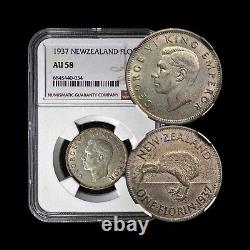 NEW ZEALAND. 1937, Florin, Silver NGC AU58 KGVI, Kiwi, Semi-Key