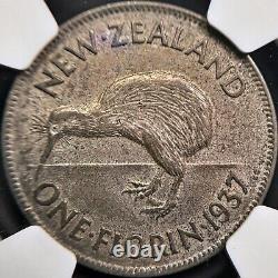 NEW ZEALAND. 1937, Florin, Silver NGC AU58 KGVI, Kiwi, Semi-Key