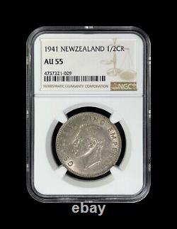 NEW ZEALAND. 1941, 1/2 Crown, Silver NGC AU55 KGVI, Maori