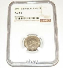 NEW ZEALAND 1941 6P SIX PENCE NGC AU58 AU 58 Key Date WWII Era Certified Coin