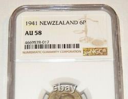 NEW ZEALAND 1941 6P SIX PENCE NGC AU58 AU 58 Key Date WWII Era Certified Coin