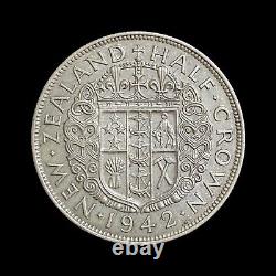 NEW ZEALAND. 1942, 1/2 Crown, Silver KGVI, Maori Shield, Semi-Key Date