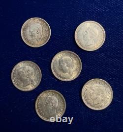 NEW ZEALAND 1942-1943 Threepence / 3 Pence Silver Coins, Uncirculated Lot of (6)