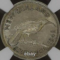 NEW ZEALAND. 1942, 6 Pence, Silver NGC AU55 KGVI, Huia Bird, Key Date