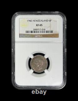 NEW ZEALAND. 1942, 6 Pence, Silver NGC XF45 KGVI, Huia Bird, Key Date