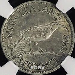 NEW ZEALAND. 1942, 6 Pence, Silver NGC XF45 KGVI, Huia Bird, Key Date