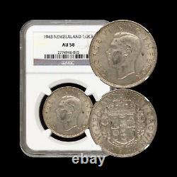 NEW ZEALAND. 1943, 1/2 Crown, Silver NGC AU58 KGVI, Maori Coat of Arms