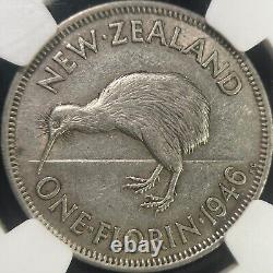 NEW ZEALAND. 1946, Florin, Silver NGC AU50 KGVI, Kiwi, Flat-Back, RARE