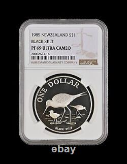 NEW ZEALAND. 1985, 5 Dollars, Silver NGC PF69 Black Stilt and Chicks