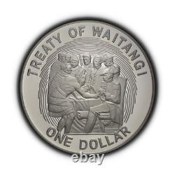 NEW ZEALAND. 1990, Dollar, Silver Waitangi Treaty, Hobson Maori Chiefs RARE