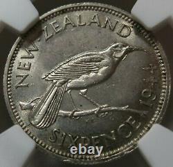 NEW ZEALAND 6 pence Sixpence 1944 NGC MS 63 UNC George VI