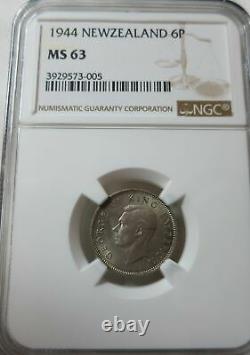 NEW ZEALAND 6 pence Sixpence 1944 NGC MS 63 UNC George VI