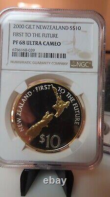 NGC PF68 UC-New Zealand 2000 Gilt First To The Future Silver $10 Super GEM Proof