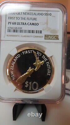 NGC PF68 UC-New Zealand 2000 Gilt First To The Future Silver $10 Super GEM Proof
