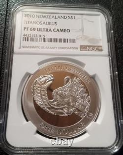NGC PF69 1.5k Mint TITANOSAURUS 2010 New Zealand $1, 1oz. 999 Silver
